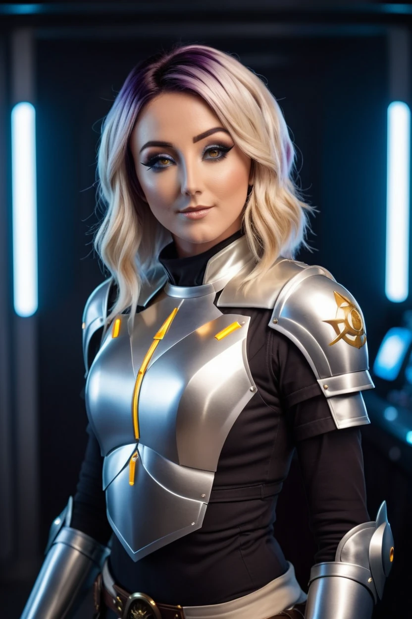 cinematic photo a photograph of a blonde Jessica Nigri wearing SILVER armor at observatory. 35mm photograph, film, bokeh, professional, shot by david lachapelle, 4k, highly detailed