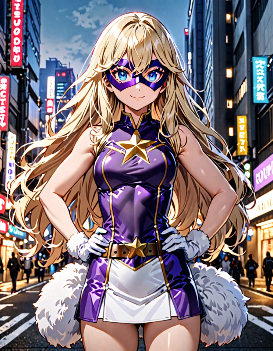 One girl, Medium chest, (((Upper Body))),(((leotard, 白色と青色のleotard, No sleeve, White mini skirt))),(((白色と青色のleotard))), ((Tight belt, Gold Belt)), ((boots, matching boots, ankle boots, white boots)), ((gloves, white gloves)), Urban Background, tokyo Urban Background, alone, single, Hands on hips, Are standing, (((Upper Bodyショット))), Cowboy Shot, Superhero, ((Beautiful attention to detail)), (Gold star symbol on chest), (((Purple eye mask))),(((blue eyes))),(((Blonde Hair, Medium length fluffy hair, blue eyes))),(((Center-parted bangs))),(((Long hair between the eyes))),(smile), (Perfect Anatomy), masterpiece, (((Highest quality))),