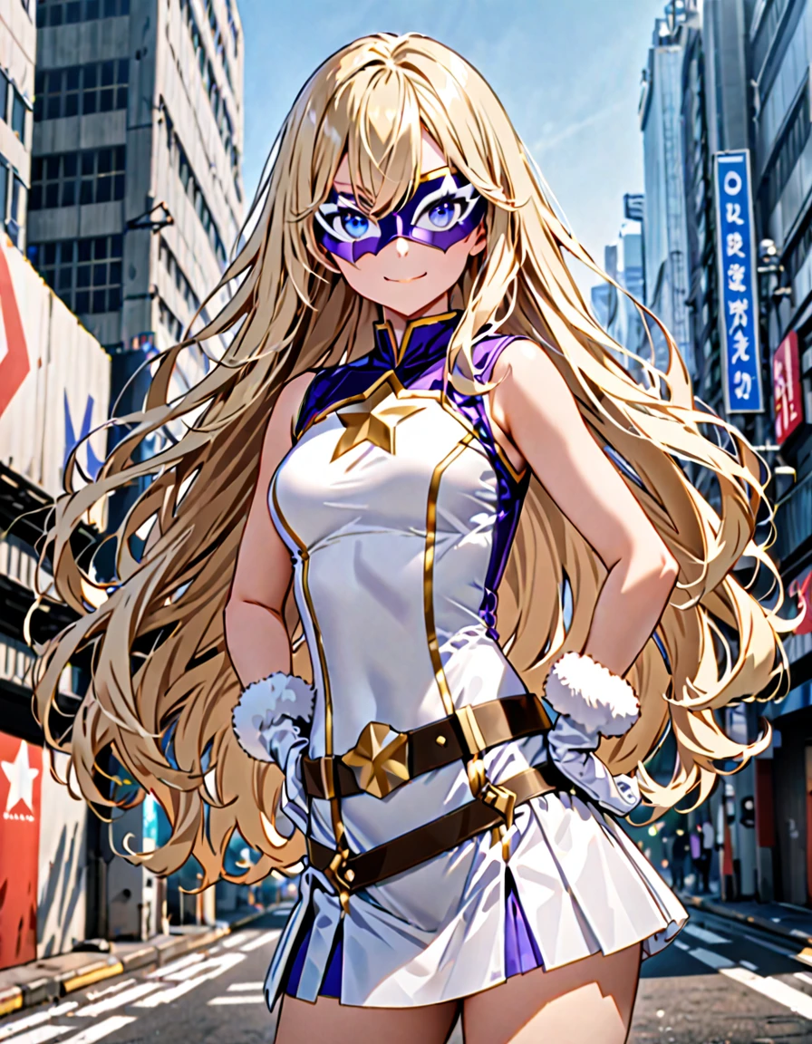 One girl, Medium chest, (((Upper Body))),(((leotard, 白色と青色のleotard, No sleeve, White mini skirt))),(((白色と青色のleotard))), ((Tight belt, Gold Belt)), ((boots, matching boots, ankle boots, white boots)), ((gloves, white gloves)), Urban Background, tokyo Urban Background, alone, single, Hands on hips, Are standing, (((Upper Bodyショット))), Cowboy Shot, Superhero, ((Beautiful attention to detail)), (Gold star symbol on chest), (((Purple eye mask))),(((blue eyes))),(((Blonde Hair, Medium length fluffy hair, blue eyes))),(((Center-parted bangs))),(((Long hair between the eyes))),(smile), (Perfect Anatomy), masterpiece, (((Highest quality))),