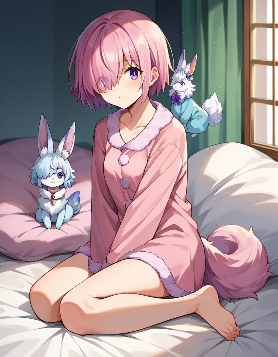 score_9, score_8_up, score_7_up, source_anime,
mashkyrielight, mash kyrielight, short hair, purple eyes, pink hair, hair over one eye,
Fou-Kun pajamas, fuzzy, ears and tail, barefoot, white,