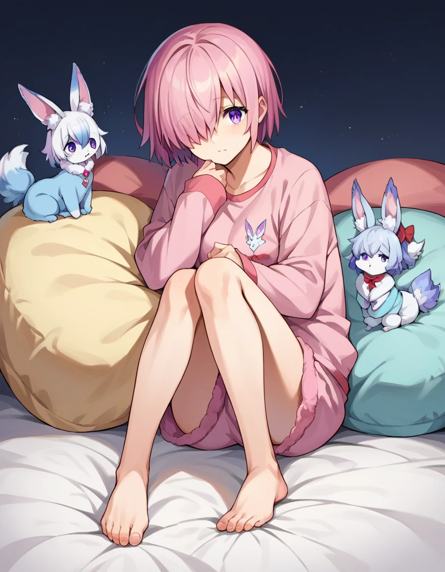 score_9, score_8_up, score_7_up, source_anime,
mashkyrielight, mash kyrielight, short hair, purple eyes, pink hair, hair over one eye,
Fou-Kun pajamas, fuzzy, ears and tail, barefoot, white,