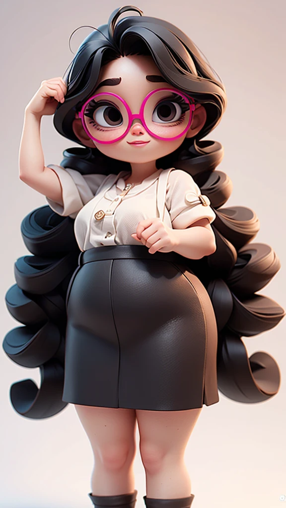 Inside Out 2, female, long curly black hair, short height and chubby black eyes with glasses, mug accessories, cheerful, brunette color, white background, 3d