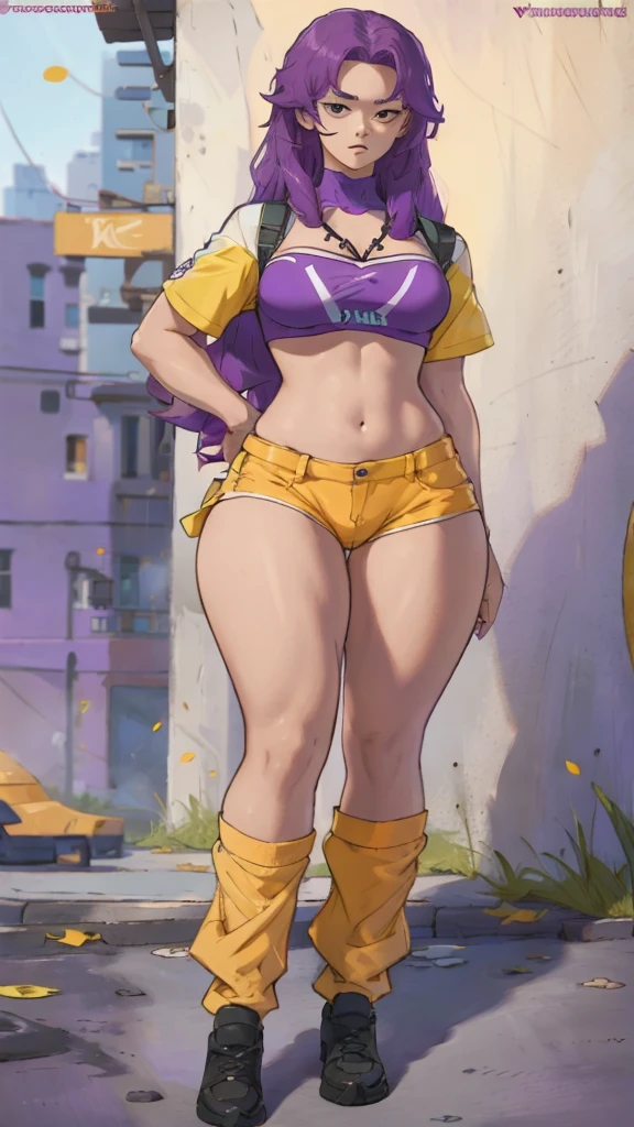 High detailed, 1 woman, Violet hair, lemon colored eyes, busty, curvy body, hip Hop clothes, serious face, looking to the viewer