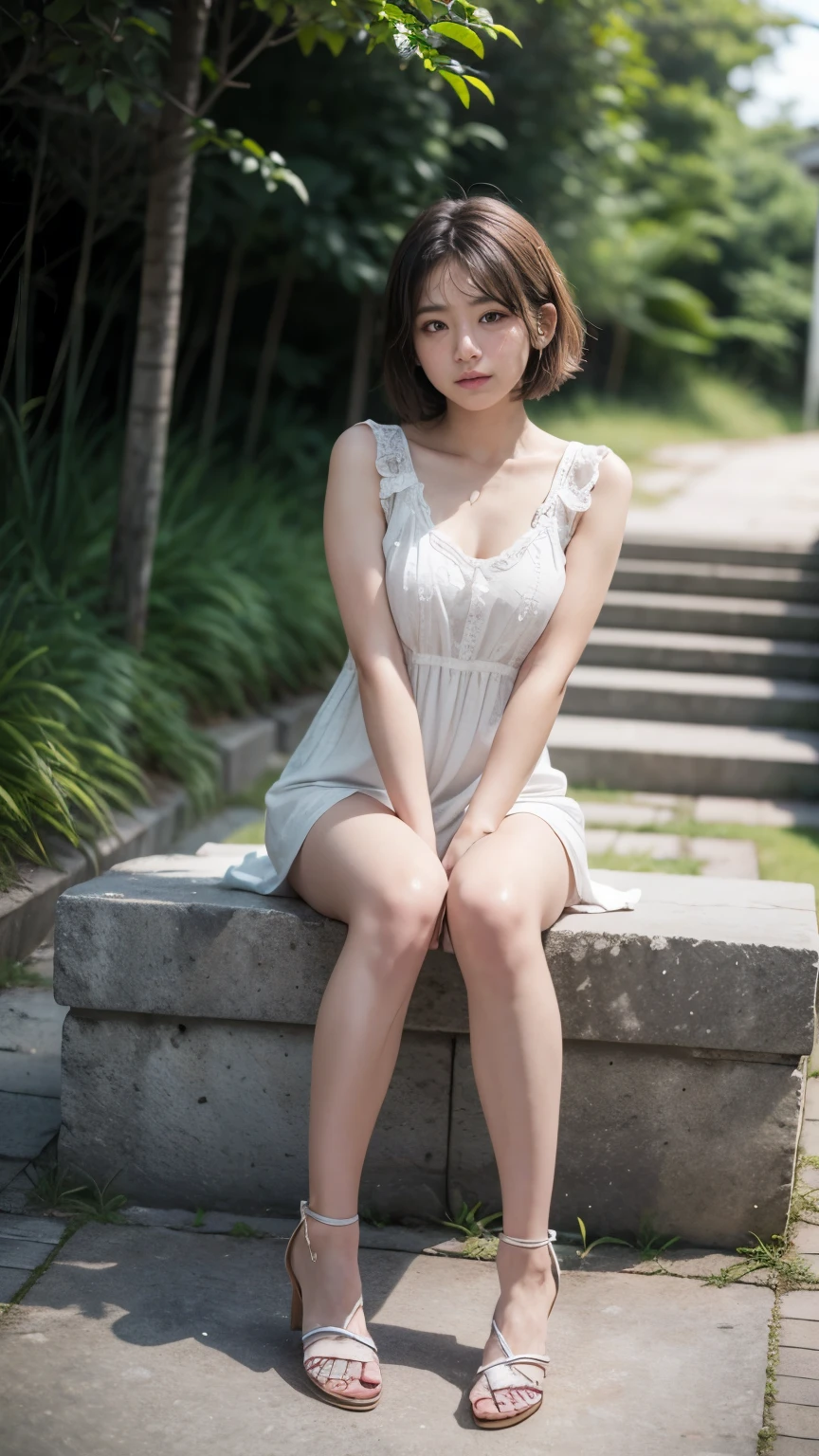 (Summer beach、Sitting by the beach、Sit with your legs apart、Spread your legs:1.2、Resort、Blue sky、Beautiful sea)、(White dress:1.4、Mini dress:1.3、Sandals、Detailed lace panties:1.3)、(Realistic、Like a photograph、Live Action、8K, Photorealistic, RAW Photos, Best image quality: 1.4), Single-lens reflex camera、RAW Photos, Highest quality, Realistic, Highly detailed CG Unity 8K wallpaper, Written boundary depth, Cinematic Light, Lens flare, Ray Tracing, Realistic background、((Ultra-dense skin))、 One teenage girl traveling to Okinawa,Cute Japanese Woman、((whole body:1.5)，Look away:1.1、short hair:1.2、I like that style、Stylish、Very detailed、Pay attention to the details、The perfect outfit、(White skin)、Beautiful legs:1.1，View from below、Accurate hands、Accurate legs、Detailed hand and fingers、Anatomically correct body、Arms and legs don&#39;t mix