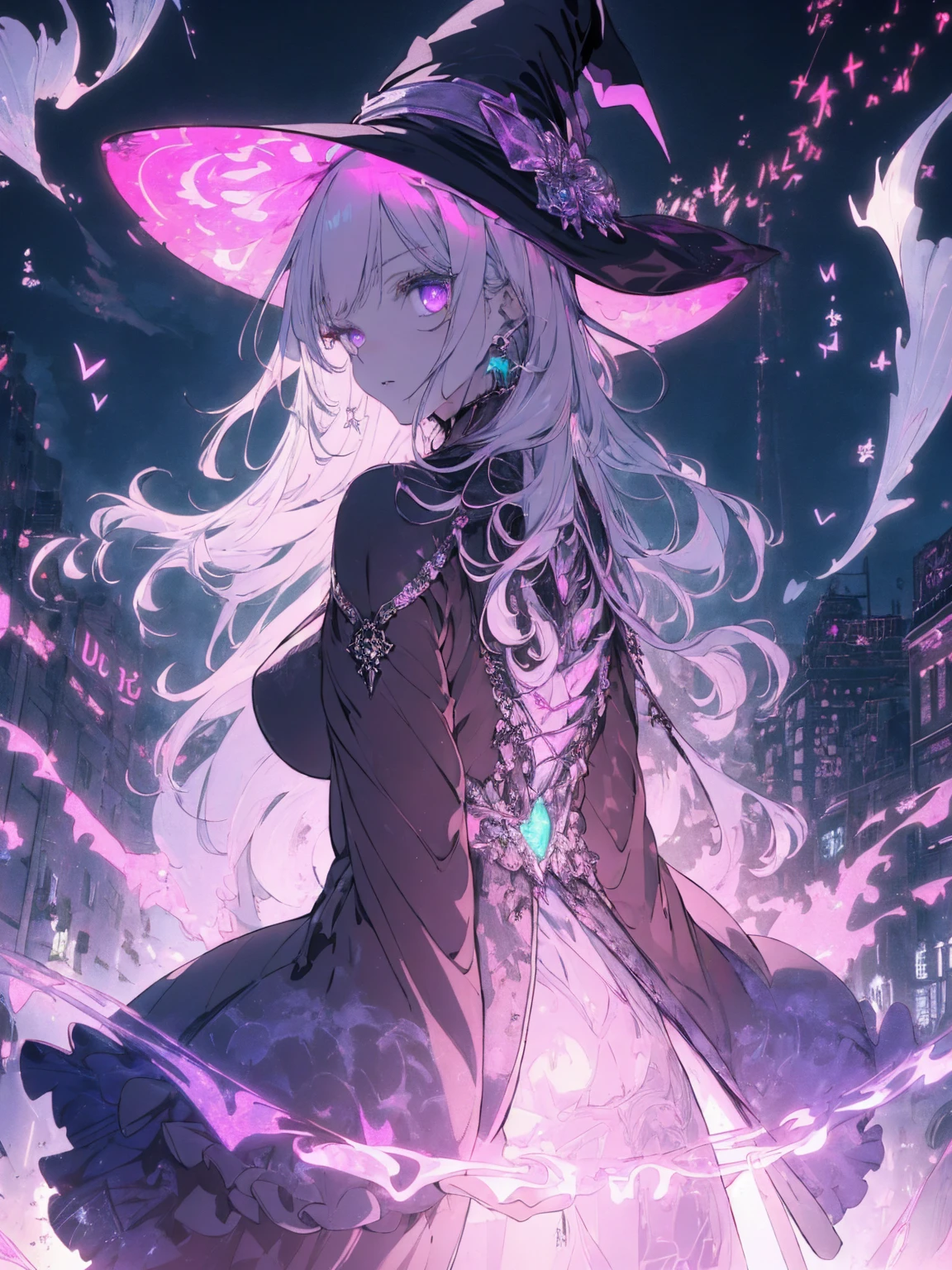 (witchcraft photo:1.1,in neon downtown:1.5), Masterpiece, best quality, (very detailed CG unity 8k wallpaper), (best quality), High definition RAW color art, Animation,sculptures, (pink Marble Skin), (((Ultra detailed elegant))), Magical atmosphere, Detailed skin, Texture,(Intricately detailed, Fine detail, ultra-detail art), depth of fields, bokeh, Silky Touch, Hyper Detail, beautiful eyes, Elegant Face, (looking back), sparkle background, (silver hair), pastel purple, fat, shorthair, dress, フリル, ローブ, witchcraft hat