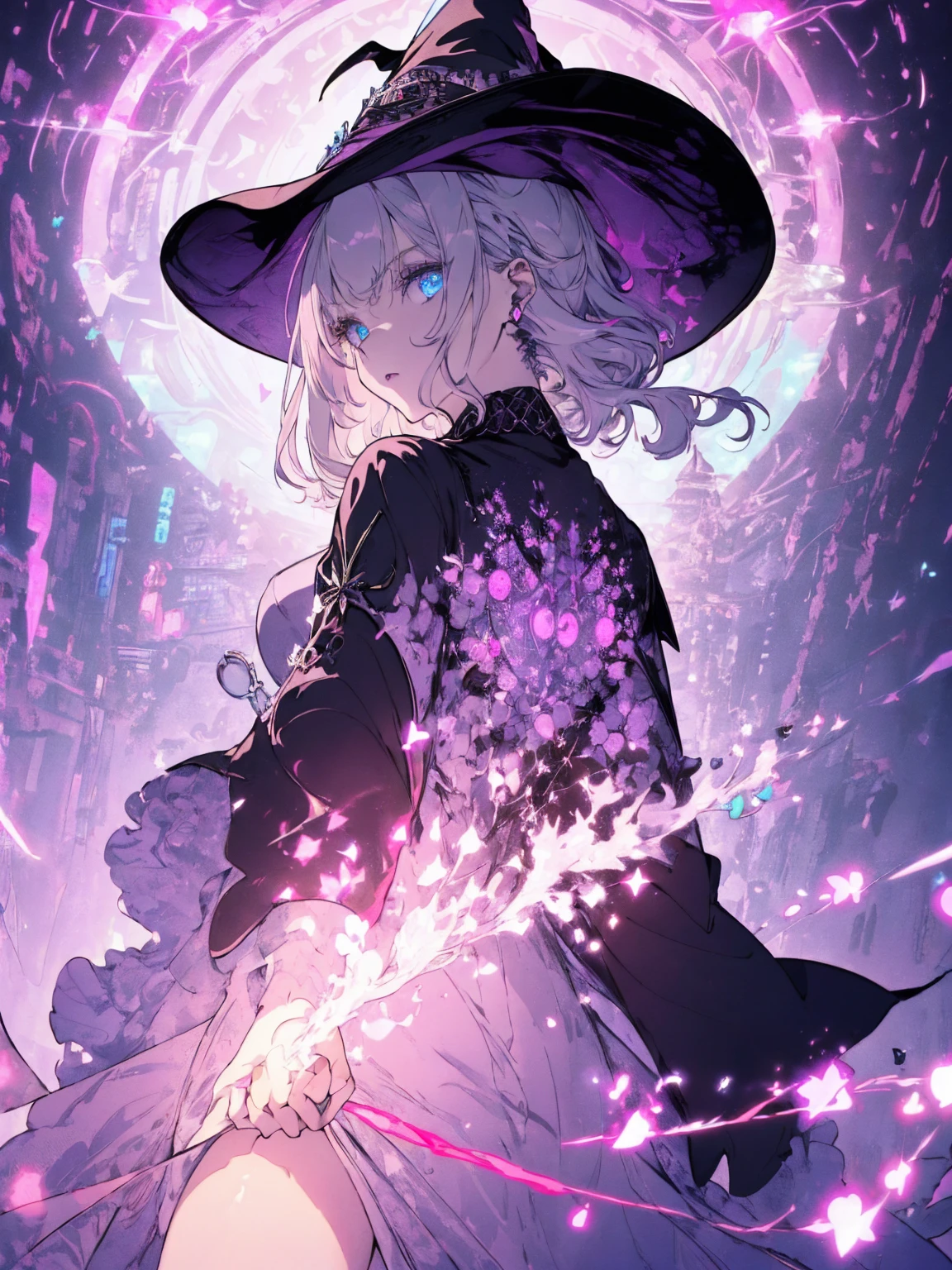 (witchcraft photo:1.1,in neon downtown:1.5), Masterpiece, best quality, (very detailed CG unity 8k wallpaper), (best quality), High definition RAW color art, Animation,sculptures, (pink Marble Skin), (((Ultra detailed elegant))), Magical atmosphere, Detailed skin, Texture,(Intricately detailed, Fine detail, ultra-detail art), depth of fields, bokeh, Silky Touch, Hyper Detail, beautiful eyes, Elegant Face, (looking back), sparkle background, (silver hair), pastel purple, fat, shorthair, dress, フリル, ローブ, witchcraft hat