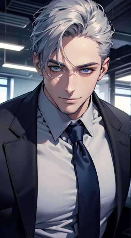 (best quality,4k,8k,highres,masterpiece:1.2),ultra-detailed,(realistic,photorealistic,photo-realistic:1.37),1 man,31 years old,mature man,very handsome,without expression,smile,short grey blue hair,blue eyes,penetrating gaze,perfect face without errors,imposing posture,businessman,office background,cinematic lighting,hdr image