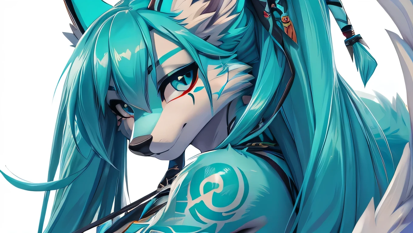 Miku Hatsune, add high definition_detail:1, blue fur,kitsune ears, tribal tattoo add_detail:1