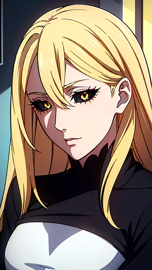 1girl,mature female,portrait,blonde,(black sclera.black eyes),(best quality,ultra-detailed,realistic:1.37),anime eye,character design,detailed iris and pupils,sparkling eyes,colorful hues,reflections in eyes,vibrant expression,glossy eyelashes,bright and lively atmosphere,soft shading,stylish and trendy,mid-length ey...