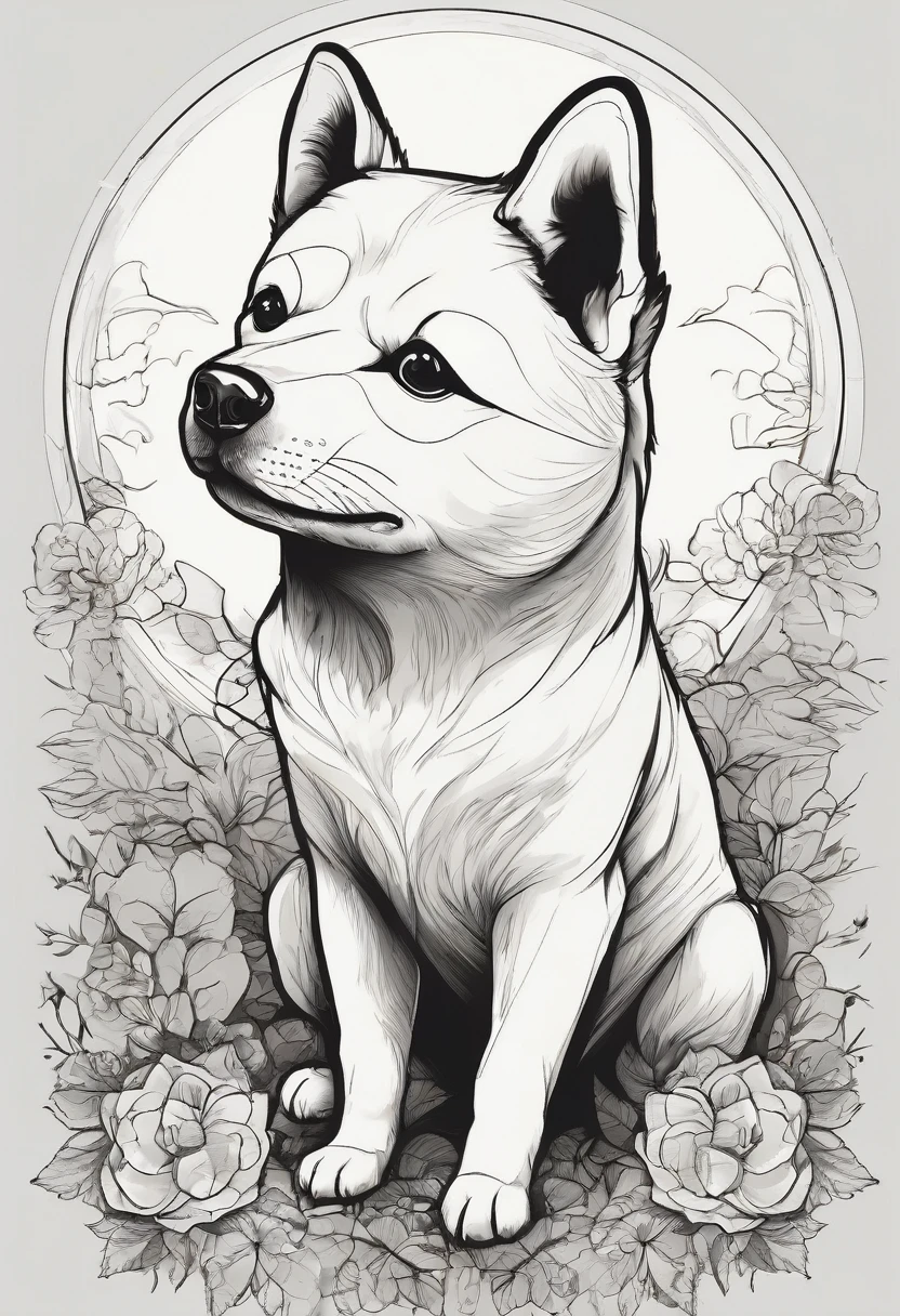 As a professional illustrator, create a very traditional yet bold 2D image of a Shiba Inu puppy without any text. The puppy should look very angry and be baring its teeth with a surreal expression. Ensure the depiction of the fur is highly realistic, rendered in black-and-white monotone. Use delicate ink and brushstroke details.
Focus on depicting distinctive and realistic whiskers, especially the cheek whiskers. The design should feature a Japanese dog and have a Japanese-style aesthetic. Incorporate an artistic circular motif.