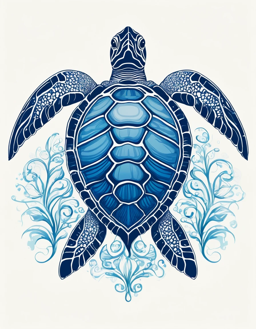 A gentle sea turtle parent and , rendered in a delicate line-drawing style, evoke harmony and bonding against a crisp white background, while bold shades of blue and indigo highlight the gentle curves of the sea turtle's tooth-shaped shell, accompanied by rippling waves, radiating calm and educational ambiance. The dental clinic logo, with its intricate details and whimsical touches, evokes a gentle underwater encounter.