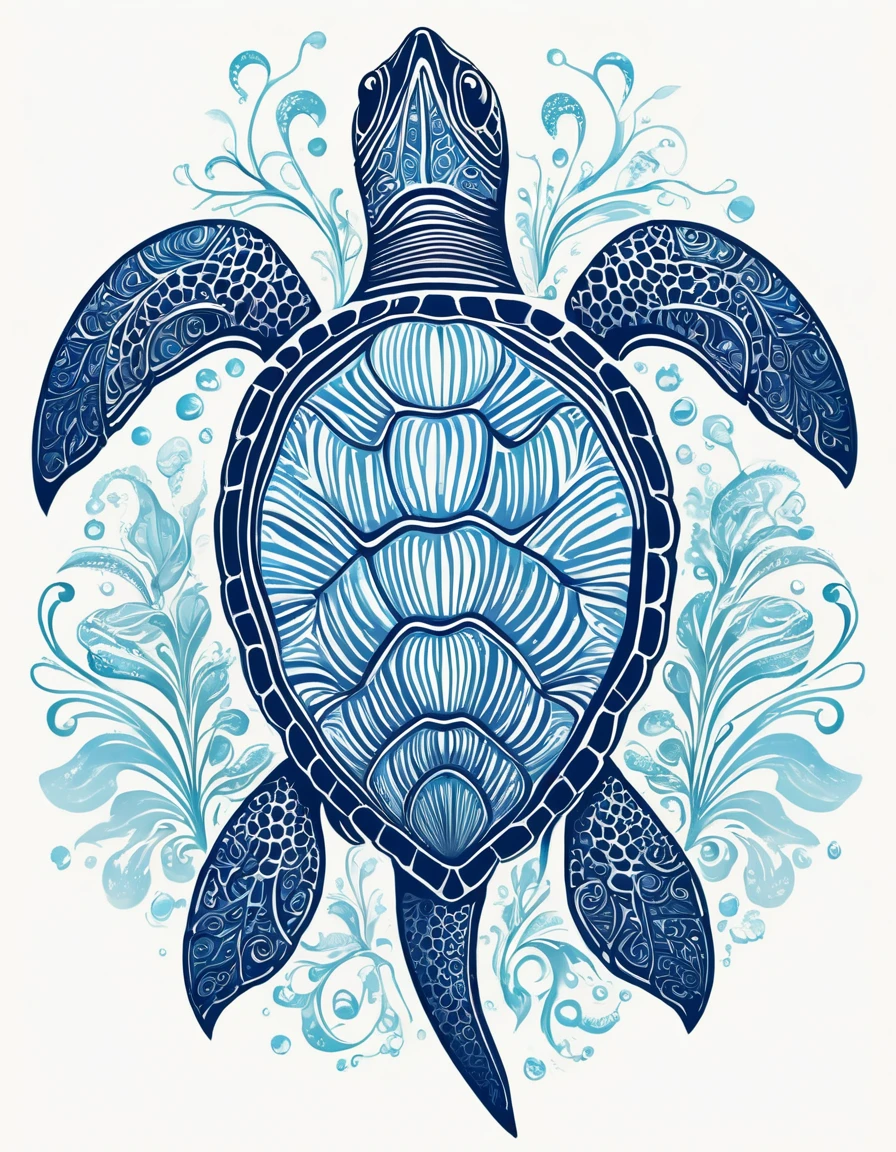 A gentle sea turtle parent and , rendered in a delicate line-drawing style, evoke harmony and bonding against a crisp white background, while bold shades of blue and indigo highlight the gentle curves of the sea turtle's tooth-shaped shell, accompanied by rippling waves, radiating calm and educational ambiance. The dental clinic logo, with its intricate details and whimsical touches, evokes a gentle underwater encounter.