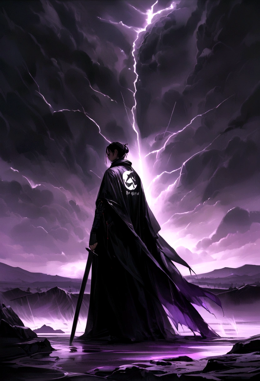 Samurai with black clothes and a little purple, Flight components, with a purple sword with bright rays, Side to side, dark background with an electrical storm, realist, I. Just the outlines. All black and white except the landscape of the storm to his sword.. It is said that the sword appears soaked in blood.. In the design of a brand logo.. simple