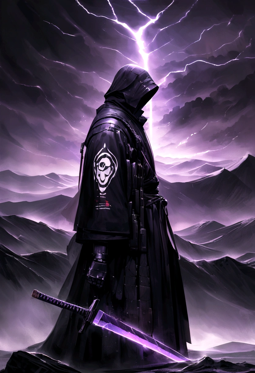 Samurai with black clothes and a little purple, Flight components, with a purple sword with bright rays, Side to side, dark background with an electrical storm, realist, I. Just the outlines. All black and white except the landscape of the storm to his sword.. It is said that the sword appears soaked in blood.. In the design of a brand logo.. simple