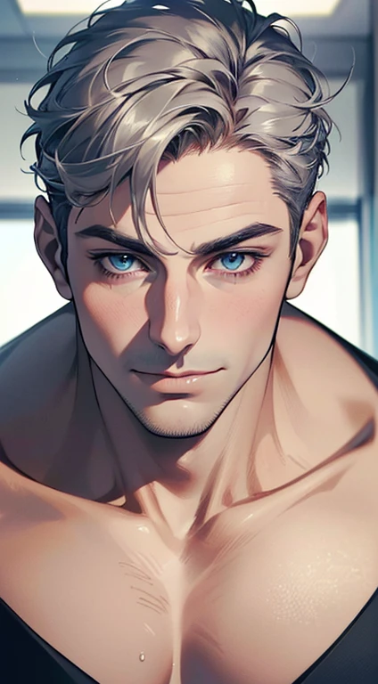 (best quality,4k,8k,highres,masterpiece:1.2),ultra-detailed,(realistic,photorealistic,photo-realistic:1.37),1 man,31 years old,mature man,very handsome,without expression,smile,short grey hair,blue eyes,penetrating gaze,perfect face without errors,imposing posture,businessman,office background,cinematic lighting,hdr image