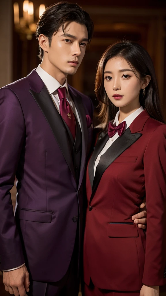 Wine red tuxedo、Handsome、Purple tie、Chinese
