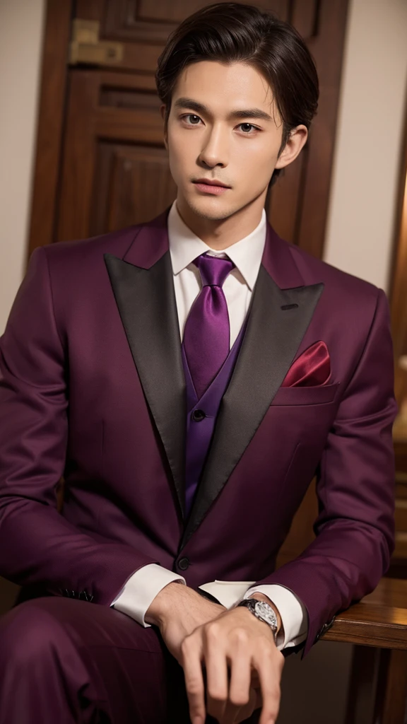 Wine red tuxedo、Handsome、Purple tie、Chinese