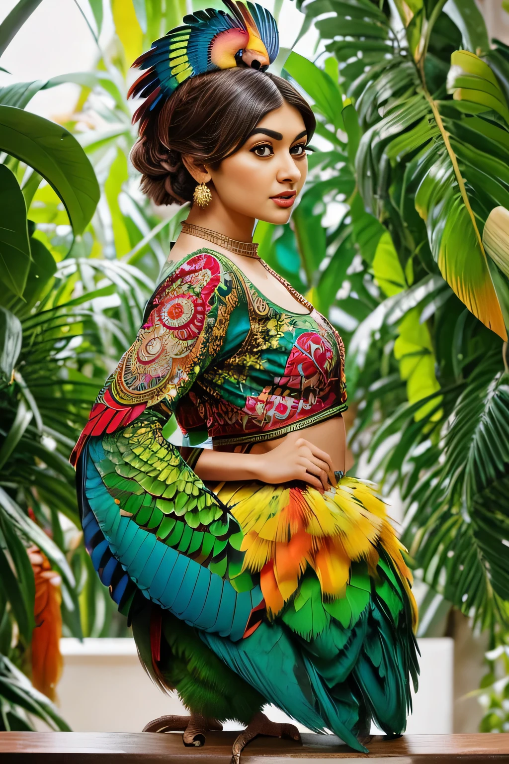 Hansika Motwani is a Parrot bird, She is a bird but her head looks like girl, from neck to full body looks like Parrot bird. Parrot legs, Parrot wings. Bird body, Parrot body,   perfect picture, perfect bird, real bird, Real head replace with real Parrot head. Exact Bird. Colorful Parrot.
