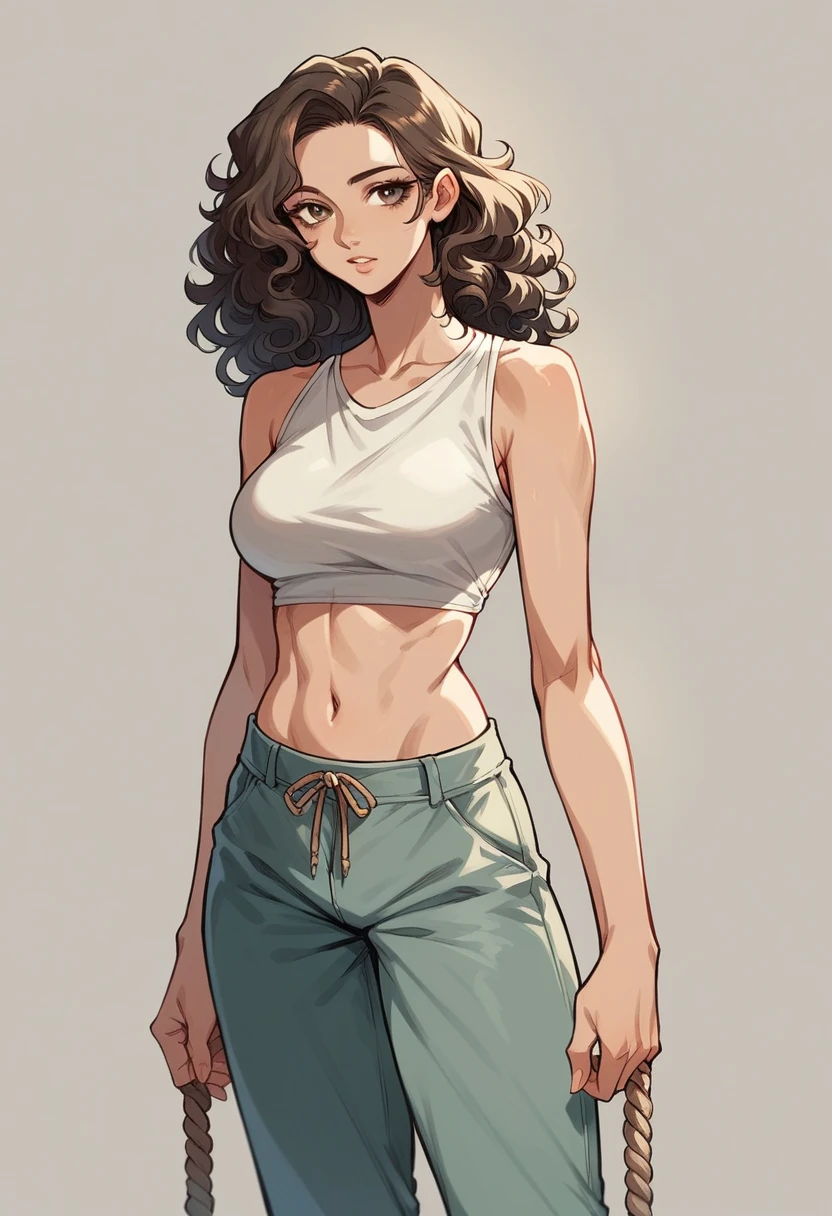 generates a woman with curly hair, very light brown eyes, brunette skin, very beautiful, modern clothes loose rope pants and crop top