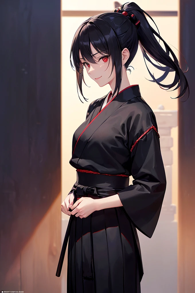 (masterpiece; best quality: 1.2), (finely detailed eyes: 1.3), ((25 year old woman)), ((solo)), (red eyes: 1.4), (body; lithe, slender, femenine: 1.3), (black hair in ponytail: 1.3), (beautiful and clear background: 1.2), ((depth of field)), (clothes: ronin attire + black hakama + black sash: 1.3), (anime illustration: 1.2), (background composition; kendo dojo + night time: 1.1), (extremely fine and beautiful: 1.1), (shot composition; standing + centered on torso + close-up: 1.5), (expression; calm, smile: 1.2)