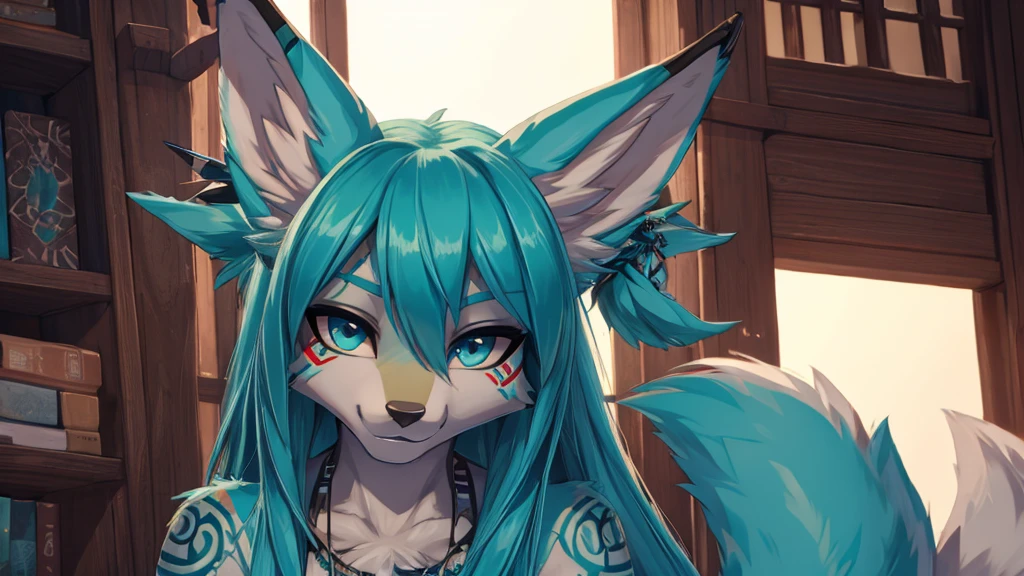 Miku Hatsune, add high definition_detail:1, blue fur,kitsune ears, tribal tattoo add_detail:1