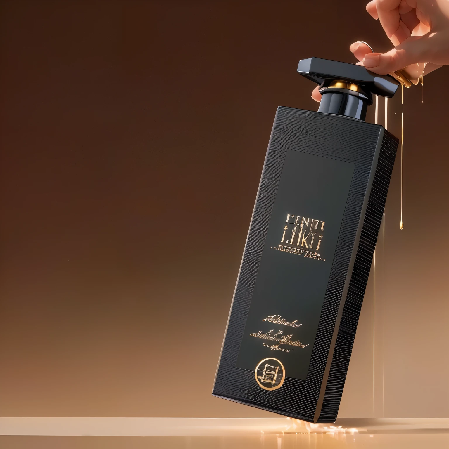 Someone is pouring something into a bottle of perfume on the table, masterpiece, best quality, (Extremely detailed CG unity 8k wallpaper), (best quality), (Best Illustration Award), (The best shadow), Realistic lighting, Beautiful and delicate light, Artworks by Peter Mohr Bacher,(hand)，Transparent liquid，There is liquid on the table，