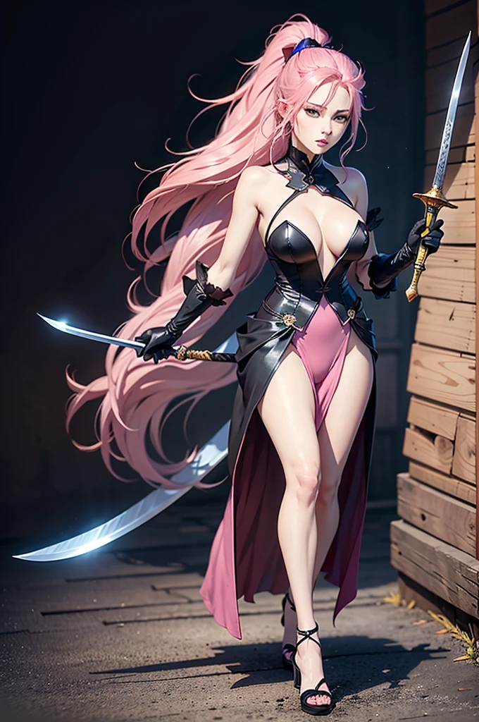 an anime girl with an ultra long pink hair and a pink outfit, holding a sword, 1girl, solo, long hair, pink hair, looking at viewer, ponytail, gloves, full body, black gloves