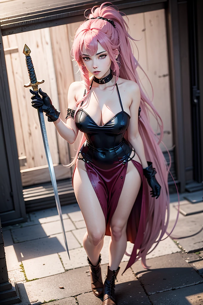 an anime girl with an ultra long pink hair and a pink outfit, holding a sword, 1girl, solo, long hair, pink hair, looking at viewer, ponytail, gloves, full body, black gloves