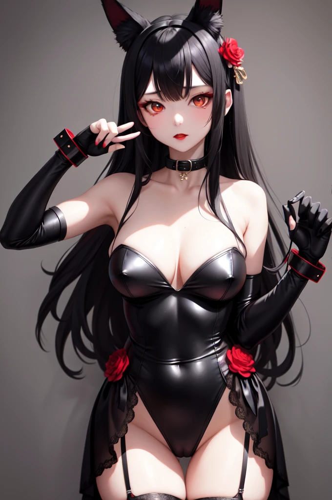 32k, best quality, ，Handcuffs，Collar，Cat ear，Black long hair,Red lips，Slim，Dressed in black bunny girl，Black garter stockings，Large Breasts，Charming red eye，expensive_solve, Clear_image, Detailed background, girl, flower, flower园,  Beautiful shape, Many butterflies々,蓝色小flower