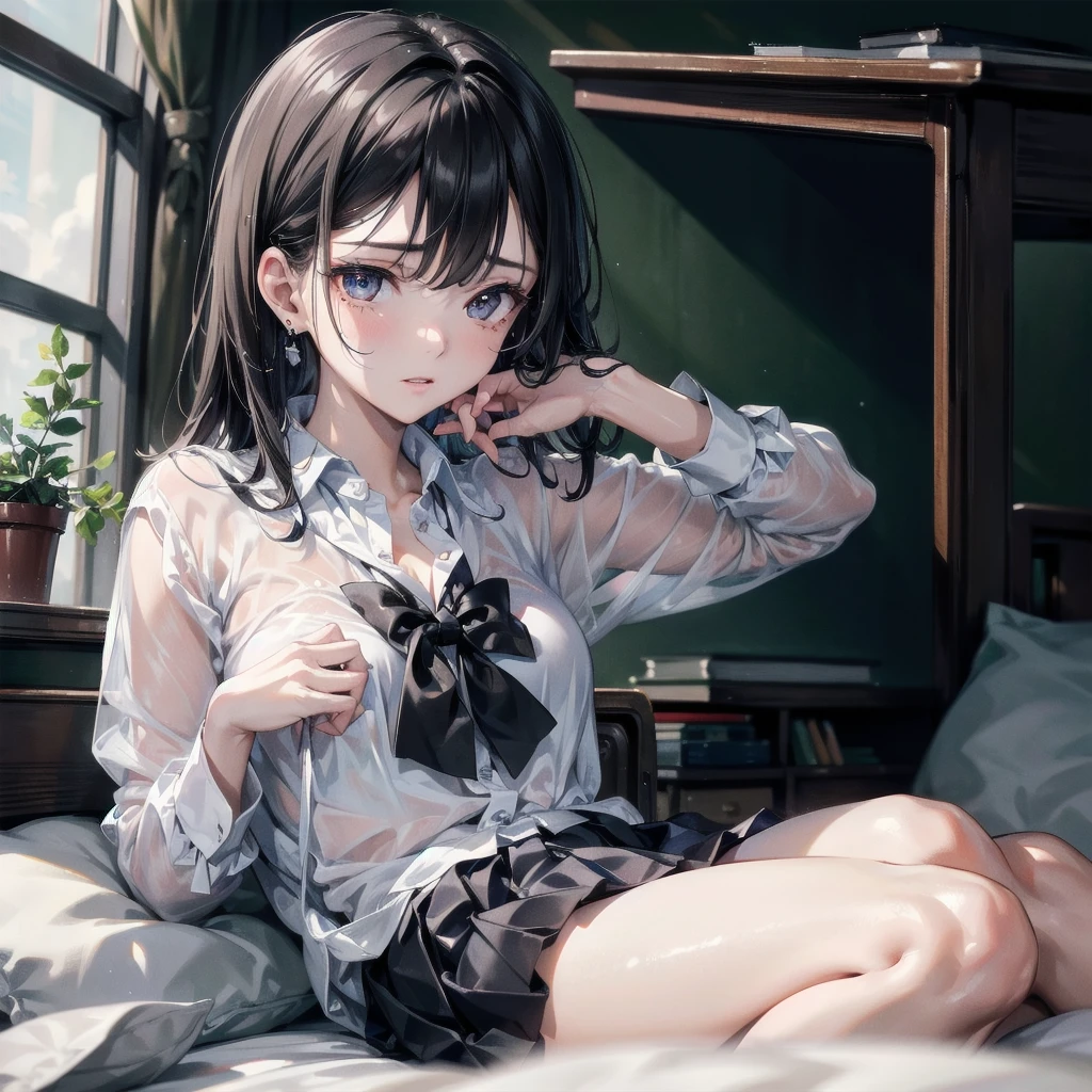 absurdres, RAW photo, extremely delicate and beautiful, masterpiece, Best Quality, ultra high resolution, 32k, hyperrealistic, ultra-detailed, in her 20s, delicate facial features, tearful mole, earring,  medium breasts, full body shot, shorter middle hair, black hair, ((school uniform)), bedroom,