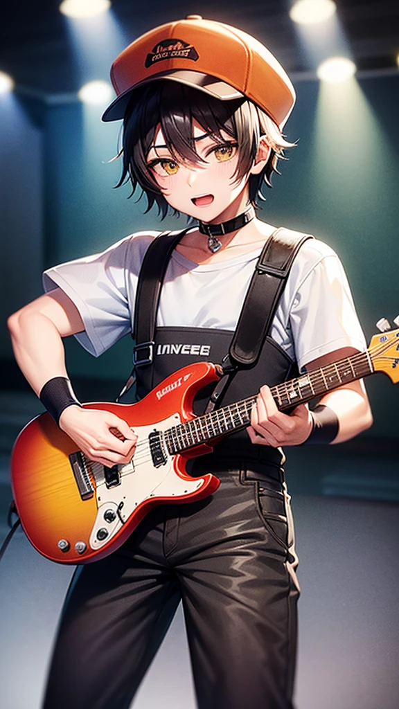 ((Highest quality)), ((masterpiece)), (detailed), A black-haired boy vocalist playing electric guitar in a three-piece band、Wearing a revolution yellow Fukuoka SoftBank Hawks baseball cap、Wearing a revolution yellow Fukuoka SoftBank Hawks baseball shirt、レボリューションイエローの福岡ソフトバンクホークスのベースボールキャップをかぶりレボリューションイエローの福岡ソフトバンクホークスのベースボールシャツを着て歌うSpiky Hairの少年、 shout、Speed、Spiky Hair、live house