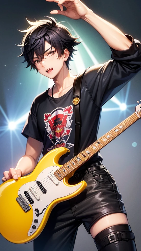 ((Highest quality)), ((masterpiece)), (detailed), A black-haired boy vocalist playing electric guitar in a three-piece band、Wearing a revolution yellow Fukuoka SoftBank Hawks baseball cap、Wearing a revolution yellow Fukuoka SoftBank Hawks baseball shirt、レボリューションイエローの福岡ソフトバンクホークスのベースボールキャップをかぶりレボリューションイエローの福岡ソフトバンクホークスのベースボールシャツを着て歌うSpiky Hairの少年、 shout、Speed、Spiky Hair、live house
