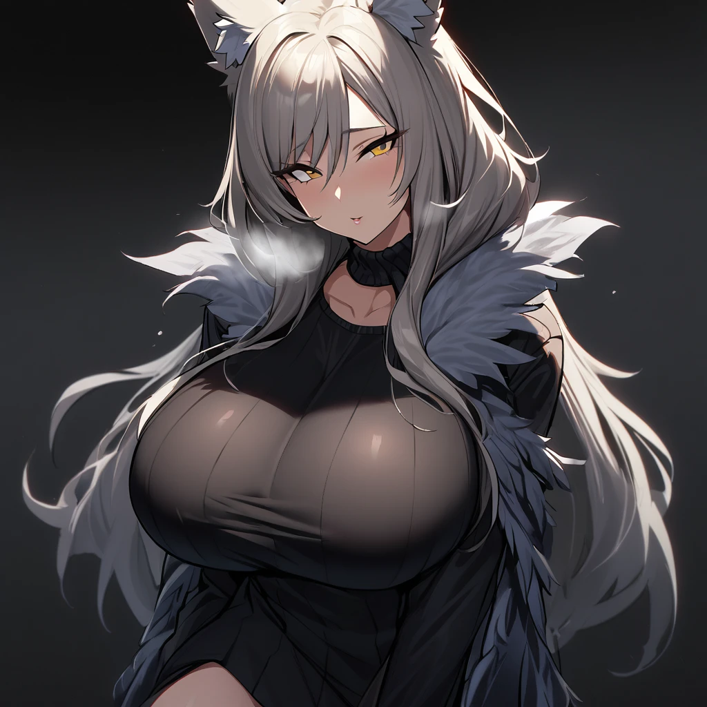 1girl,solo,Mature Women,Females in heat,grey hair color,long hair,wolf ears,blonde eyes,slanted eyes,super huge breasts,slender,black knit long sleeves,breath,grey feather shawl in neck,amorous glance,looking at viewer,near,standing up,black background