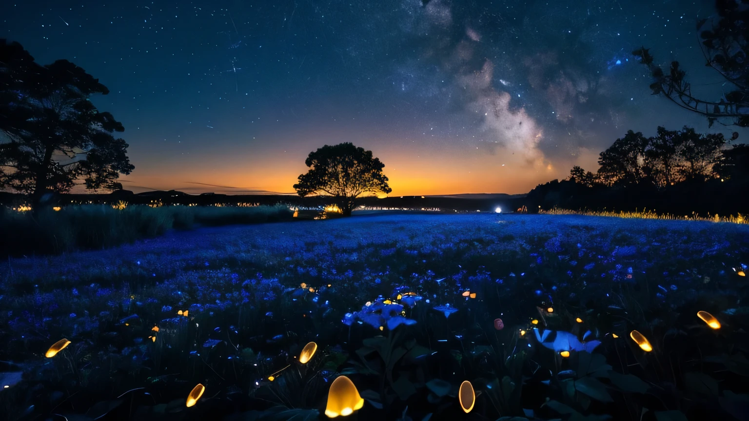 At night, countless fireflies fly around, another world, Fantastic World, Night illuminated by a blue moonlit night, Best image quality.