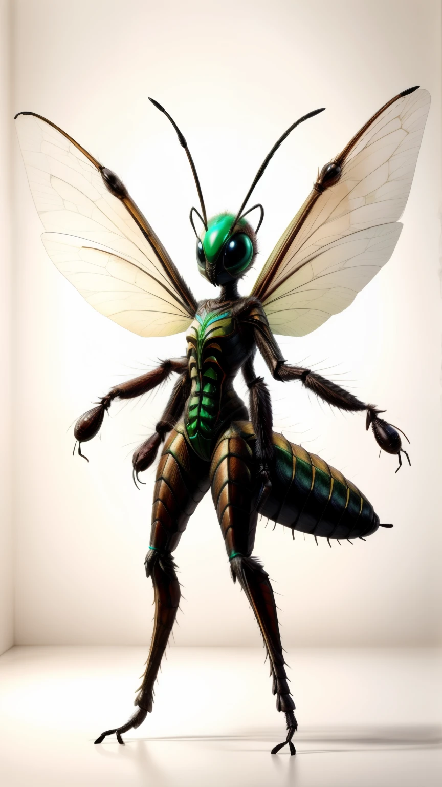 humain_fille, hybride_insect, couleur_vert, couleur_noir, insecte_[ailes], antennes, thorax, complet_corps, complet_cadre, insecte_[yeux], humain_tête, humain_jambe, dans la forêt