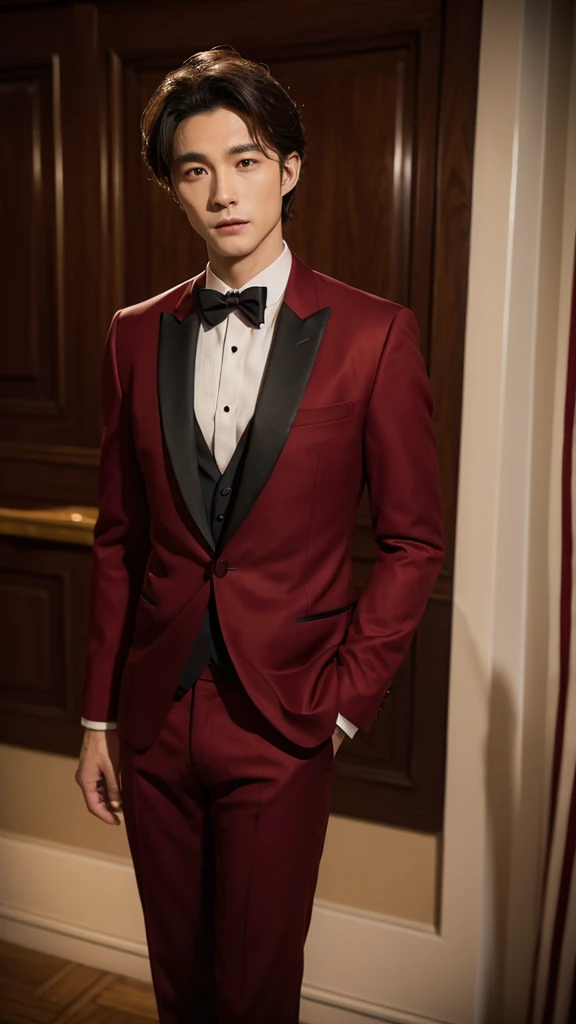 Wine red tuxedo、Handsome、Black bow tie、Chinese
