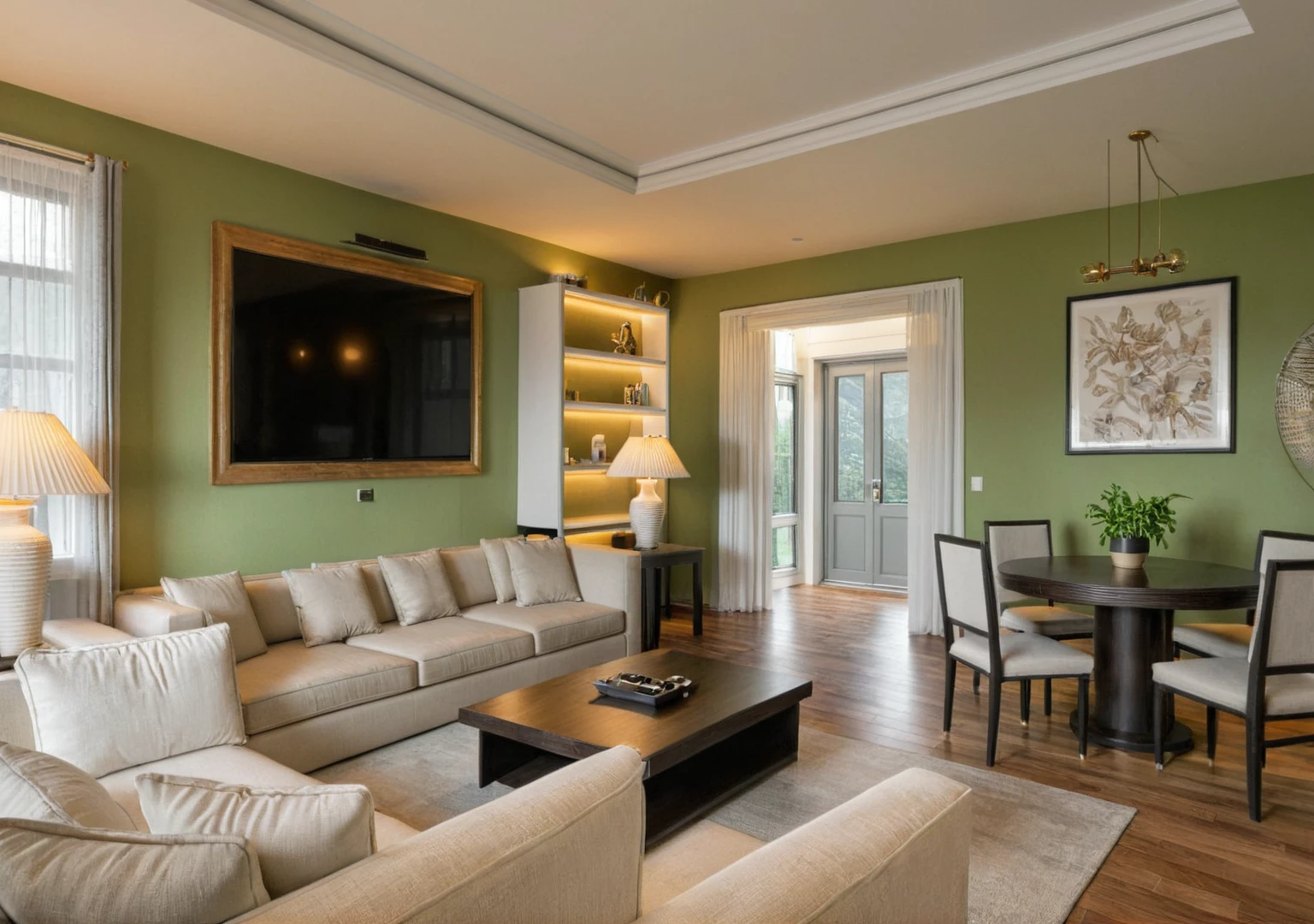 living room space,Masterpiece, HD, interior design, TV wall behind TV, TV wall, modern furniture, sofa, coffee table, green plants, floor-to-ceiling windows, curtains