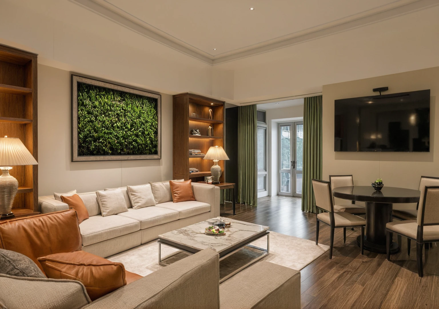 living room space,Masterpiece, HD, interior design, TV wall behind TV, TV wall, modern furniture, sofa, coffee table, green plants, floor-to-ceiling windows, curtains