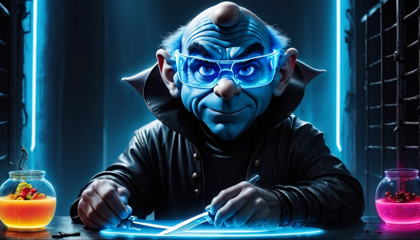 create an image demonstrating the style of ((Gargamel Smurf wears glowing neon glasses: 1.44)), ((neon lighting)), hyperrealism, 8K high resolution, vivid colors, sharp focus, ((Extremely detailed horror scene, ((Gargamel Smurf sits at the table )) holds a shiny, bloody knife in his hand)), ((on the table, in the background ((small Smurf)) in steel cages))