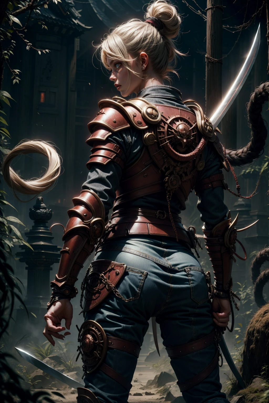 blue samurai girl, bluish clothes, really short hair, with sexy samurai armor on your back, showing your back, katana sword
