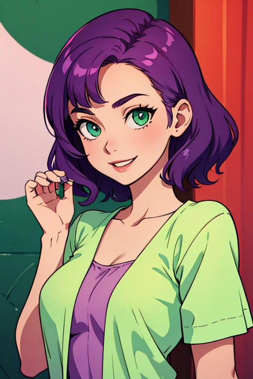 teenager woman , green eyes , short wavy purple hair,  sonrisa enamorada