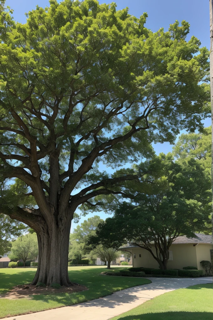 a thick trunked oak tree in a yard and a putting her hand on the trunk
