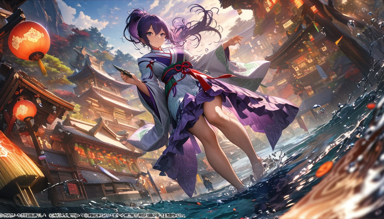 (Highest quality, masterpiece, colorful, Dynamic Angle, highest detailed)Full body photo, ull body photos magnificent real, (close), One girl, floating midnight purple hair, long 髪,,Ponytail Hair, (water:0.7), waterdrop, Wet, Holding_knife, green_Shrine maiden clothing with intricate patterns, ultra detailed, (texture_clothing), Japanese-style scenery, (Intricate details, hyperdetailed:1.15), detailed, light passing through 髪, (Official Art, extreme detailed, highest detailed),