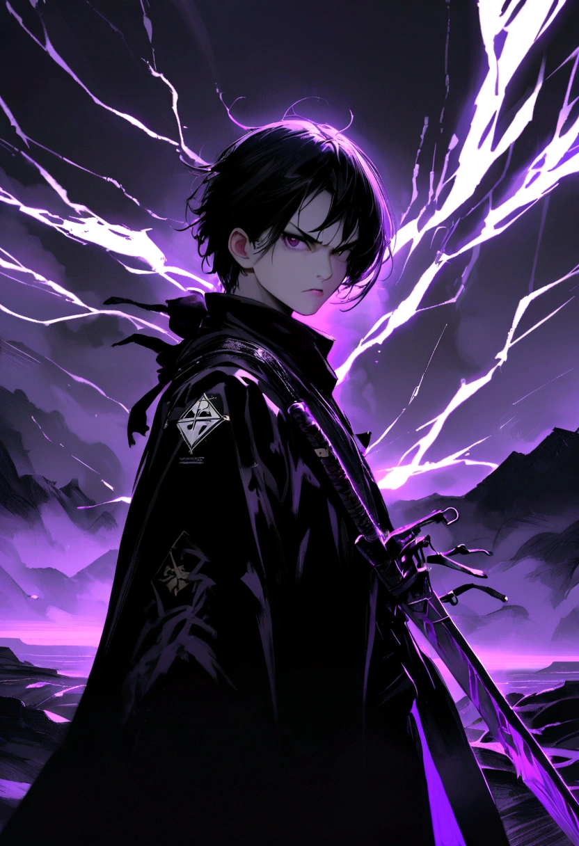 Young samurai with black clothes and a little purple, Flight components, with a purple sword with bright rays, Side to side, dark background with an electrical storm, realist, I. Just the outlines. All black and white except the landscape of the storm to his sword.. It is said that the sword appears soaked in blood.. In the design of a brand logo.. simple, looking at the viewer with a serious and angry face.