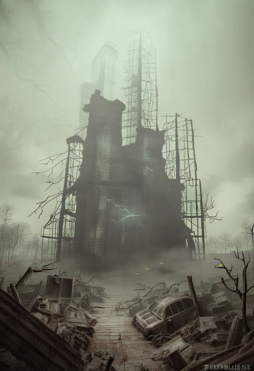 (best qualityer,4K,8K,high resolution,work of art:1.2),ultra detali,(realisitic,photorealisitic,photo-realisitic:1.37),desolated,broken buildings,Ruined cityscape,abandoned vehicles,withered trees,dusty atmosphere,scorched earth,mysterious fog,dilapidated structures,dusty roads,overgrown vines,unforgiving arid landscape,darkened sky with touches of orange and purple,remains of civilization,eerie silence,Apocalyptic ruins, wandering figures,dystopian future,dark horizon,ruined infrastructure,faded billboard signs,echoes of the past,collapsed bridges,strong winds blowing,the remains of a destroyed society,vidro quebrado,dramatic lighting,scattered debris,sole survivor searching for hope in a desolated world,deteriorated metal,Destruction everywhere,survival against all odds,metropolis turned into ghost town,lost memories,industrial ruins,spooky ambiance,infinite solitude,jagged edges and sharp angles,Abandoned factories,Post-apocalyptic aftermath,abandoned landscapes.