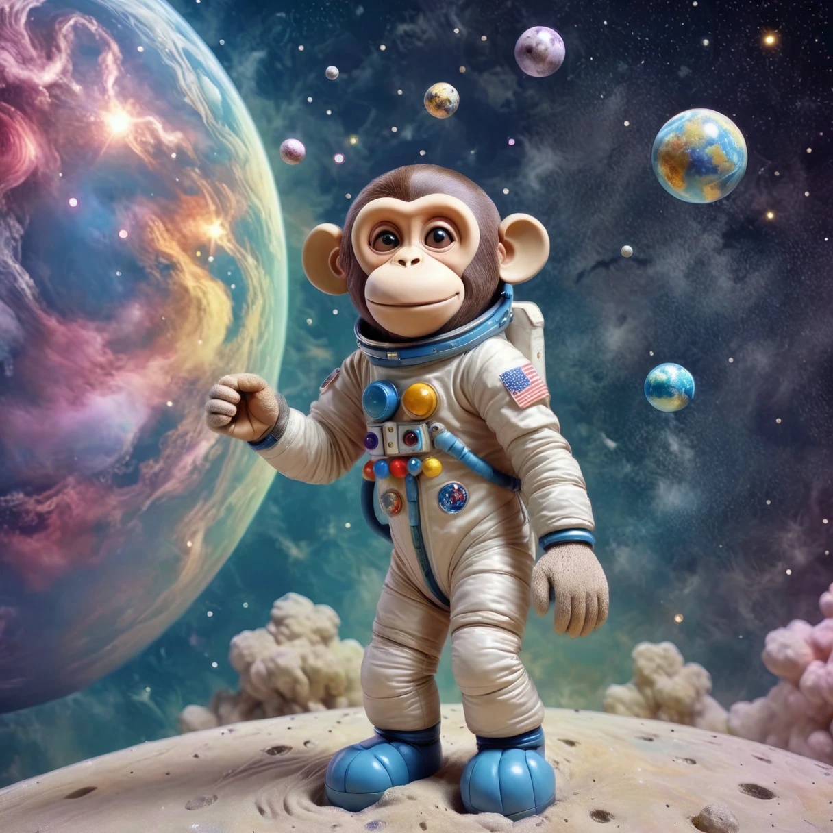 Anime, Drawing of a monkey astronaut floating in space, in a vintage space suit with a serene expression. The background features a starry sky with colorful nebulas and Earth in the distance. The scene should have a soft, peaceful tone with pastel colors and gentle lighting, evoking tranquility and introspection. Include small twinkling stars, planets, and soft meteors to enhance the relaxing, dreamy atmosphere.