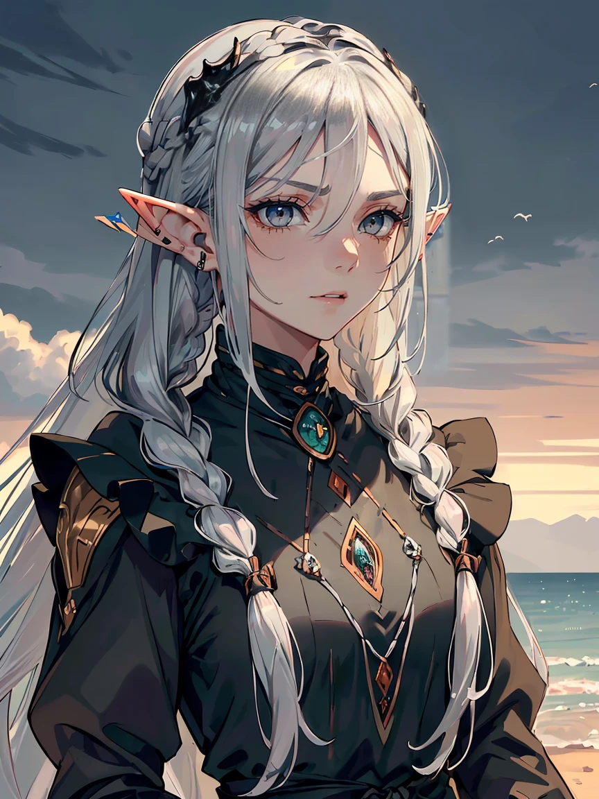 handsome mature woman,steel grey-eyes,grey pupils,Hyperresolution,accuracy,Detailed rendering,(Subtle facial image)(Image of fine hair)(topquality)(Masterpieces of masters)(High degree of completeness)(A sense of atmosphere)tmasterpiece,Super detailed and super detailed(half-body portrait), (((Long silver hair)))(((Hair in long braid)))(((Long hair))) (((Dragon horns)))(((Demon)))(((Grey skintone))) (((Grey eyes))) (((Elf ears)))(((Forlorn expression)))(((Medieval travel clothes)))(((Fierce expression)))