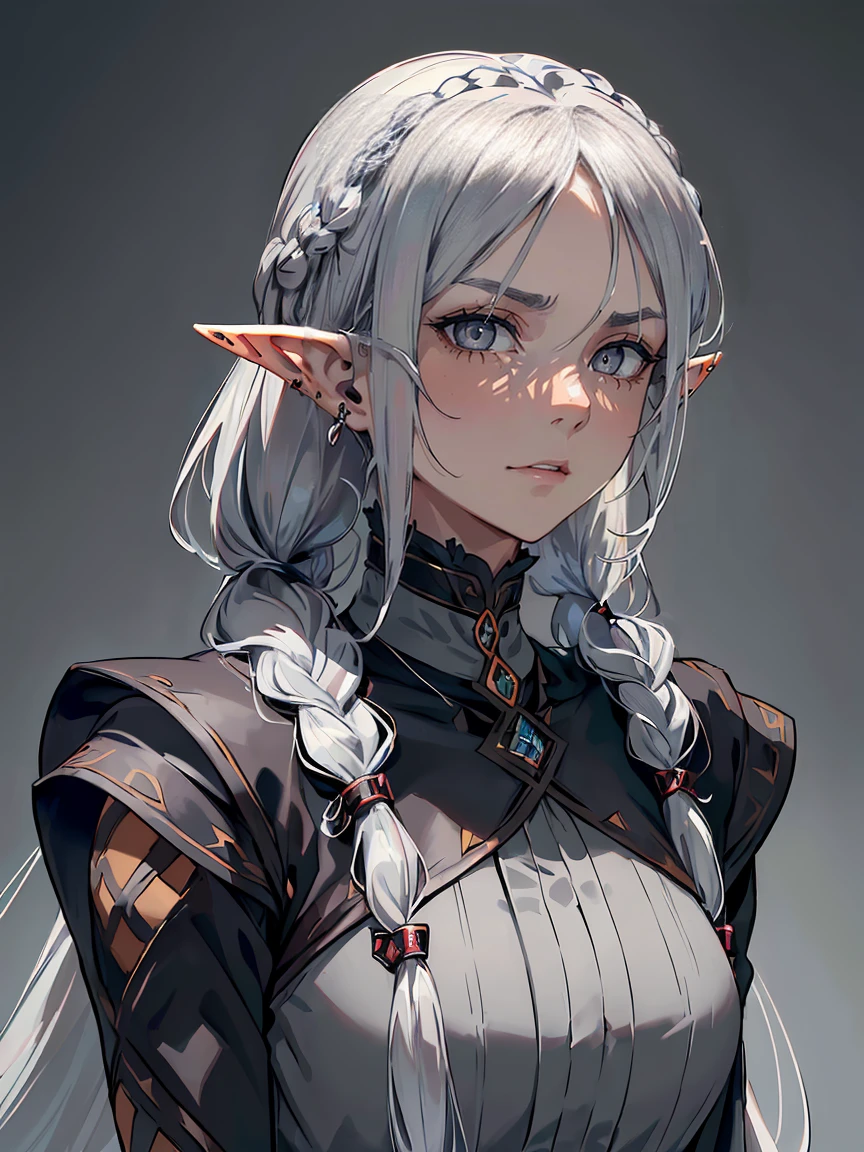 handsome mature woman,steel grey-eyes,grey pupils,Hyperresolution,accuracy,Detailed rendering,(Subtle facial image)(Image of fine hair)(topquality)(Masterpieces of masters)(High degree of completeness)(A sense of atmosphere)tmasterpiece,Super detailed and super detailed(half-body portrait), (((Long silver hair)))(((Hair in long braid)))(((Long hair))) (((Dragon horns)))(((Demon)))(((Grey skintone))) (((Grey eyes))) (((Elf ears)))(((Forlorn expression)))(((Medieval travel clothes)))(((Fierce expression)))