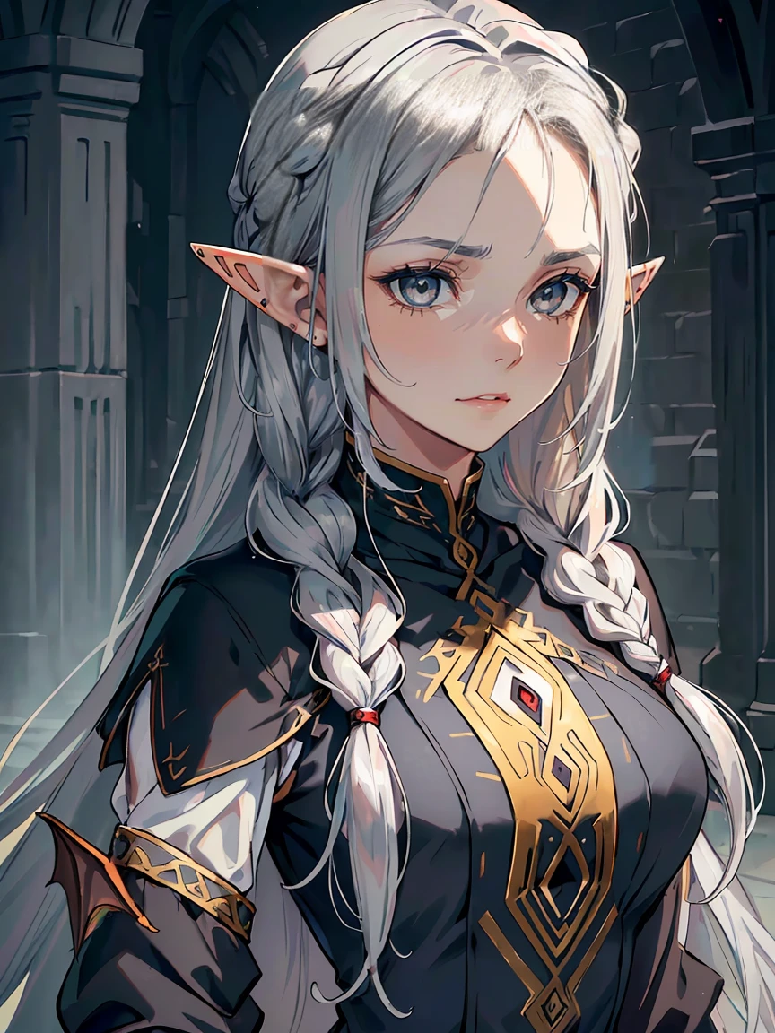 handsome mature woman，steel grey-eyes，grey pupils，Hyperresolution，accuracy，Detailed rendering，（Subtle facial image）（Image of fine hair）（topquality）（Masterpieces of masters）（High degree of completeness）（A sense of atmosphere）tmasterpiece，Super detailed and super detailed（half-body portrait), (((Long silver hair)))(((Hair in long braid)))(((Long hair))) (((Dragon horns)))(((Demon)))(((Grey skintone))) (((Grey eyes))) (((Elf ears)))(((Forlorn expression)))(((Medieval travel clothes)))(((Fierce expression)))