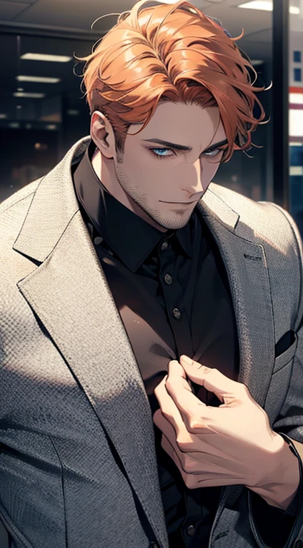 (best quality,4k,8k,highres,masterpiece:1.2),ultra-detailed,(realistic,photorealistic,photo-realistic:1.37),1 man,31 years old,mature man,very handsome,without expression,smile,short grey b
Orange hair,blue eyes,penetrating gaze,perfect face without errors,imposing posture,businessman,office background,cinematic lighting,hdr image